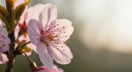 Obraz premium Closeup of a Delicate Pink Cherry Blossom in Soft Sunlight A Springtime Bloom