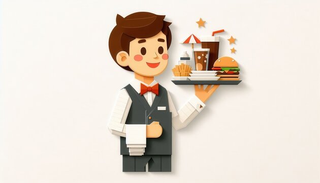 Waiter serving tasty fast food modern restaurant close-up view engaging dining experience