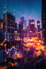 Vibrant city skyline with data visualization overlay at dusk