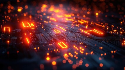 Fototapeta premium Burning circuit board, glowing in the dark