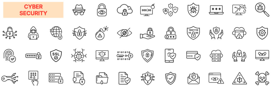 Cybersecurity & Data Protection Icon Set &ndash; Network Security, Firewall, Encryption, Hacking, Malware, Digital Privacy, Secure Login, Authentication, Cyber Threats, Online Safety