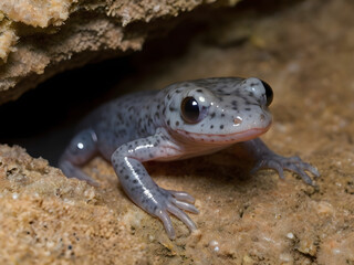 Fototapeta premium Cave Salamander's Peek: A captivating close-up of a cave salamander, its unique spotted skin and wide eyes, peeking out from its rocky dwelling