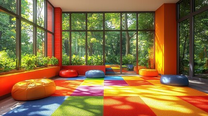 Colorful playroom with large windows overlooking lush greenery