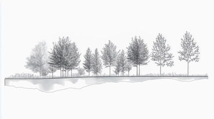 Minimalist architectural CAD-style tree line drawings, side view