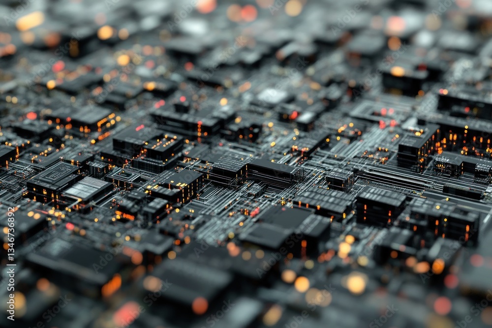 Poster close-up of intricate circuit board with glowing components