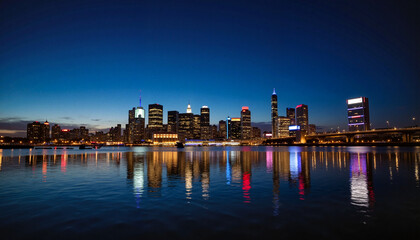 Fototapeta premium Futuristic city skyline illuminated by night reflections, urban beauty