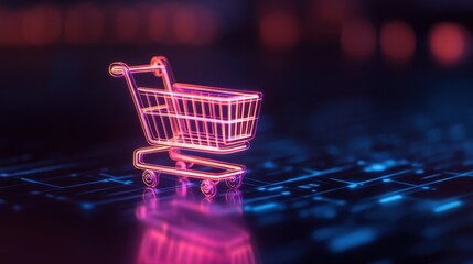 Neon Shopping Cart on Digital Background, Representing E-commerce Trends and Online Retail Innovations in Modern Marketplace Environments