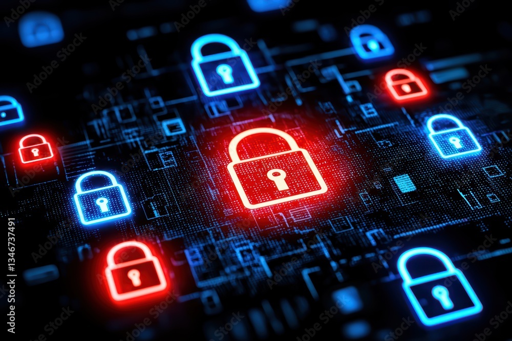 Poster ransomware attack concept with digital locks and security symbols on a computer network background
