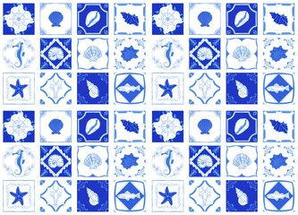 Blue tile summer seamless pattern. Abstract Nautical Symbol mosaic background. © HoyaBouquet
