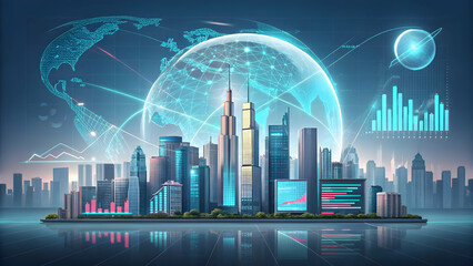 Global Economy Trade Brexit concept, Futuristic cityscape with digital elements and a globe overlay.