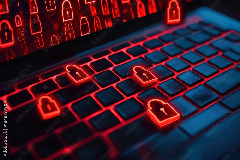 Poster close-up concept of ransomware attack on computer keyboard with red lock symbols