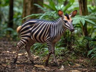 Okapi in Lush Habitat: A captivating Okapi, with its striking zebra-like stripes and unique features, stands gracefully amidst a vibrant green forest setting.