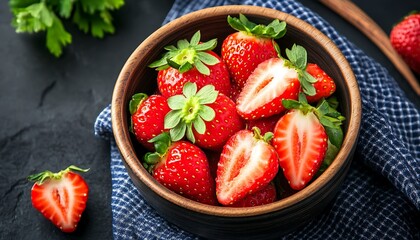 Fresh Strawberries in Bowl on Dark Surface.