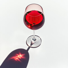 Glass of red wine in sunlight close-up, isolated, on white background. Creative illustration with combination of sun glare, shadows, refraction of light. Advertising of winery, wine business, ecologic