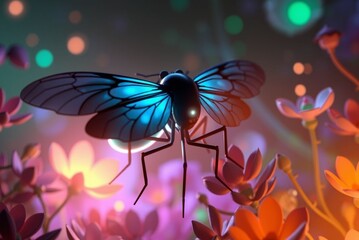 Colorful butterfly in vibrant flowers with glowing details