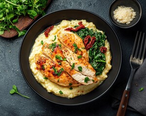 Grilled Chicken Breast with Spinach and Creamy Polenta Dish