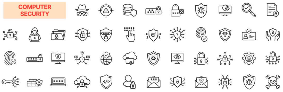 Computer Security & Data Protection Icon Set &ndash; Cybersecurity, Firewall, Encryption, Hacking, Malware, Authentication, Privacy, Online Protection, Secure Access, Network Safety