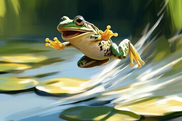 Whimsical Leap Across the Pond, Frog and lily pads