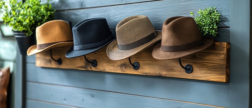 Wooden hat rack with hats