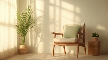 Cozy and Bright Interior Scene with Modern Chair and Green Plants in Sunlit Room for Relaxation and Tranquility