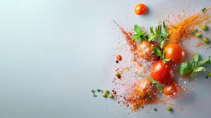 Fresh Tomatoes and Spices on Light Background with Green Herbs
