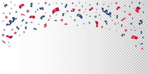 Banner with falling blue and red confetti, tinsel and stars. USA flag color. Festive background with shimmering decorations. For celebrations, holidays, 4th of july, independence day and promotions