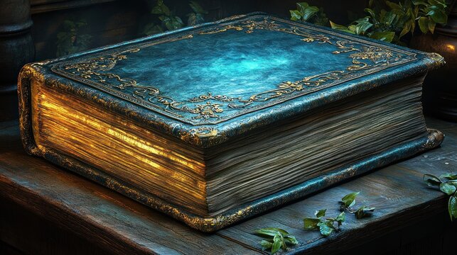 Illuminated antique book on wooden table