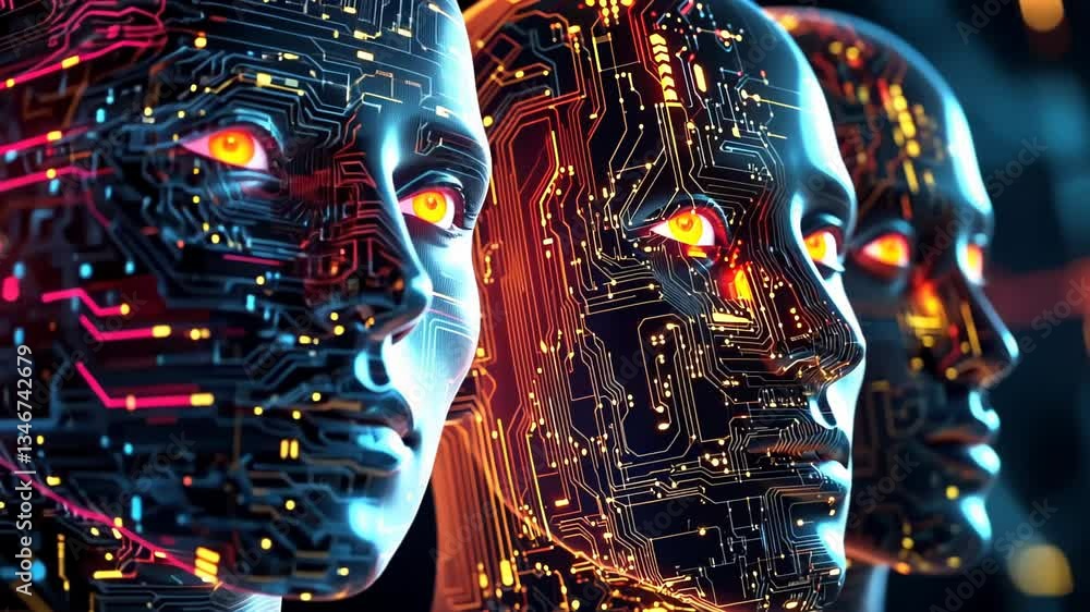 Poster exploration of futuristic ai technology with detailed circuit patterns and glowing elements