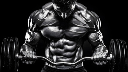 Fototapeta premium Muscular athlete lifting a barbell in a dramatic lighting setup, showcasing strength and determination