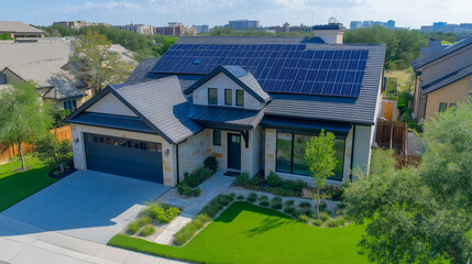 Modern residential house with solar panels surrounded by greenery in a suburban neighborhood
