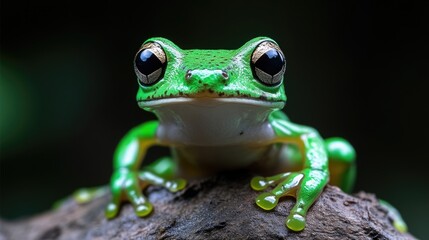 Close-up of a vibrant green tree frog.  A petite, bright green frog rests on a dark brown log,  large expressive eyes,  small snout, and smooth skin.