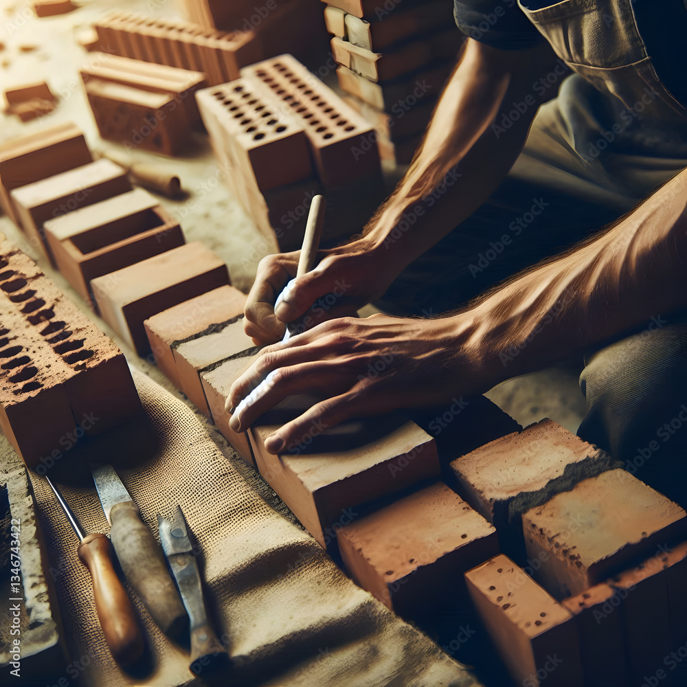 Poster a close-up of a person's hands arranging bricks and using a tool, showcasing the craftsmanship and d