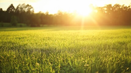 Fototapeta premium Golden hour over vast green field with trees silhouetted against the sun
