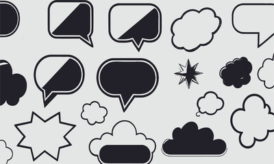 A modern vector-style illustration of various comic speech bubbles with halftone shadows, easily editable.