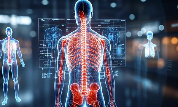 3D anatomical illustration of the human spine and skeletal system