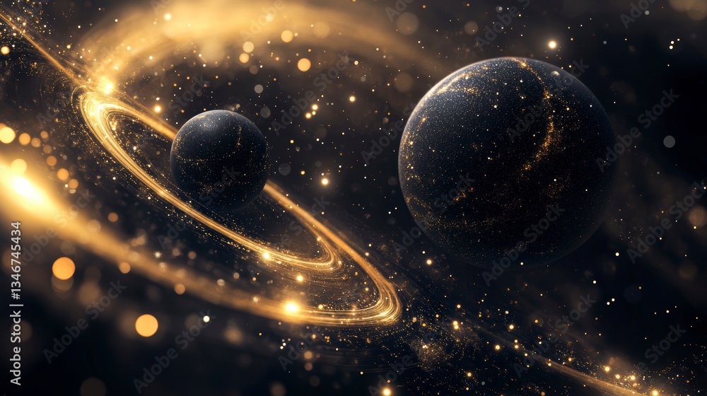 Poster two planets with golden rings in a dark space.