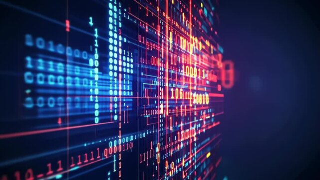 Data visualization of binary code patterns in a futuristic digital landscape with vibrant colors