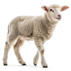 Fototapeta premium Adorable Young Lamb Standing on White Background