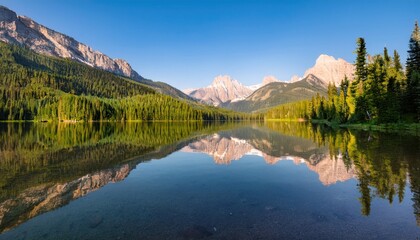  Serene mountain range reflected in crystal clear lake, showcasing nature beauty 