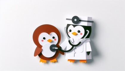 Fototapeta premium Playful illustration of a penguin doctor and its cute patient in a whimsical setting