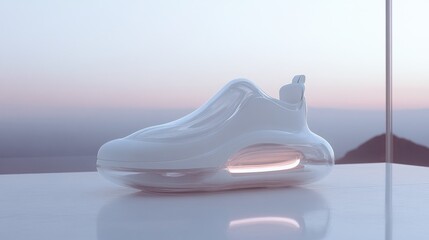 Futuristic white shoe on display