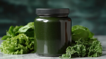 Photography Realistic Mockup jar of green detox powder surrounded by fresh leafy greens on marble surface