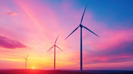 Fototapeta premium Majestic Sunset Over Wind Turbines with Colorful Sky and Silhouettes in Tranquil Landscape