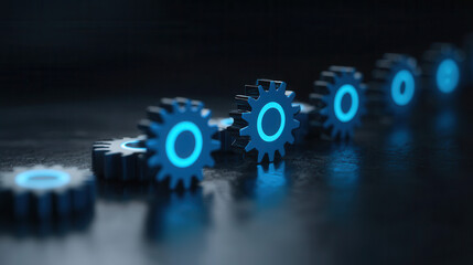 row of glowing blue gears on dark reflective surface symbolizes innovation and technological progress