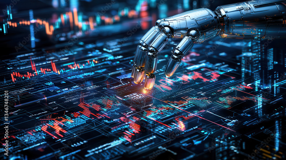 Poster robotic hand interacting with futuristic digital interface, showcasing data analytics, graphs, and g