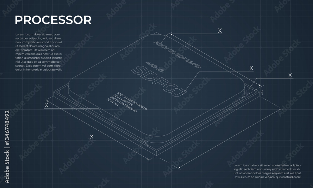 Poster isometric processor blueprint. central processing unit or cpu. computer hardware components. semicon