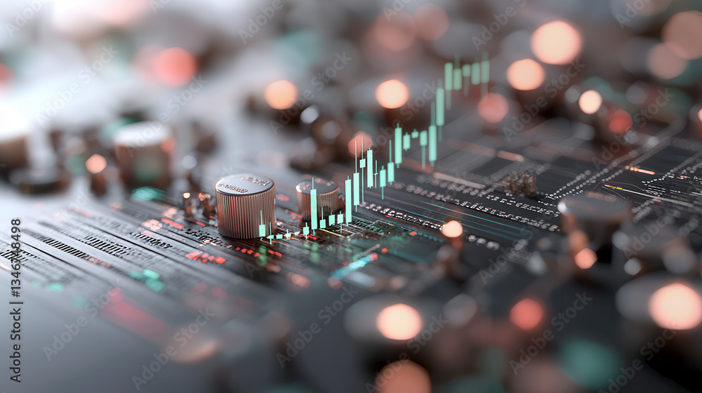 Poster conceptual representation of stock market growth with futuristic digital interface and glowing finan