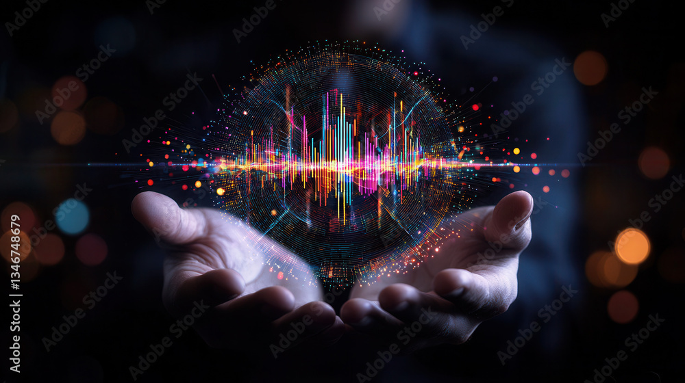 Aufkleber glowing digital sphere with colorful data visualizations is held in hands, symbolizing innovation an