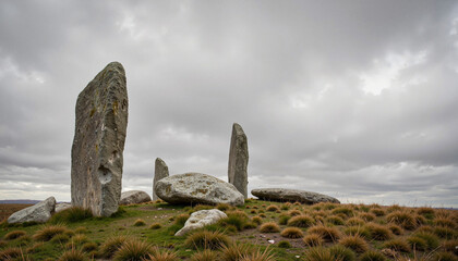 Ancient standing stones against overcast sky, timeless mystery