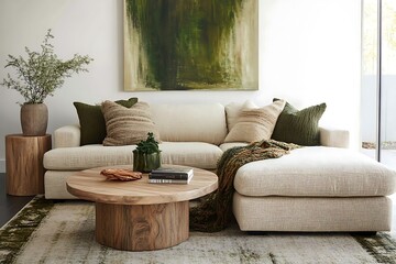 Obraz premium Stylish modern living room. A spacious sofa and minimalist decor in earthy tones create a warm and inviting living area, perfect for relaxation.